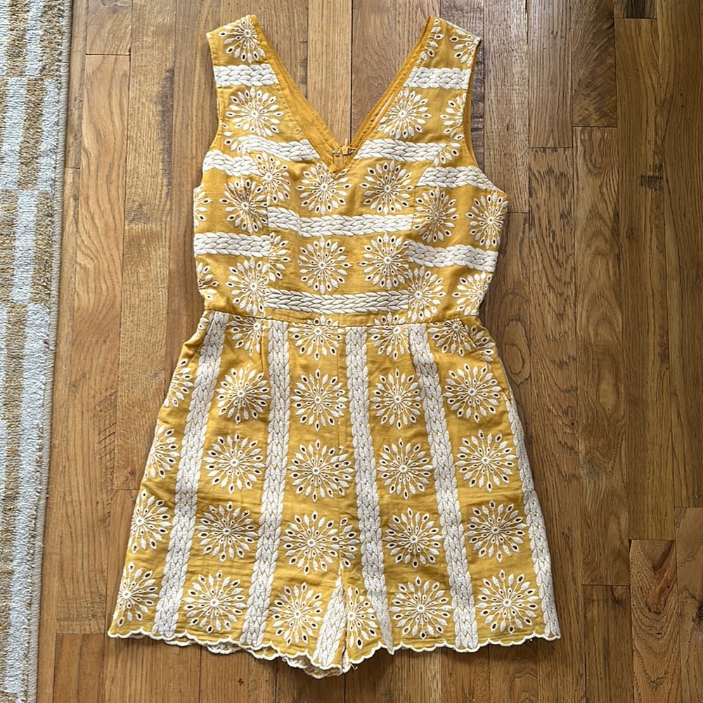Skies Are Blue Embroidered Romper Suit Floral Yellow Medium